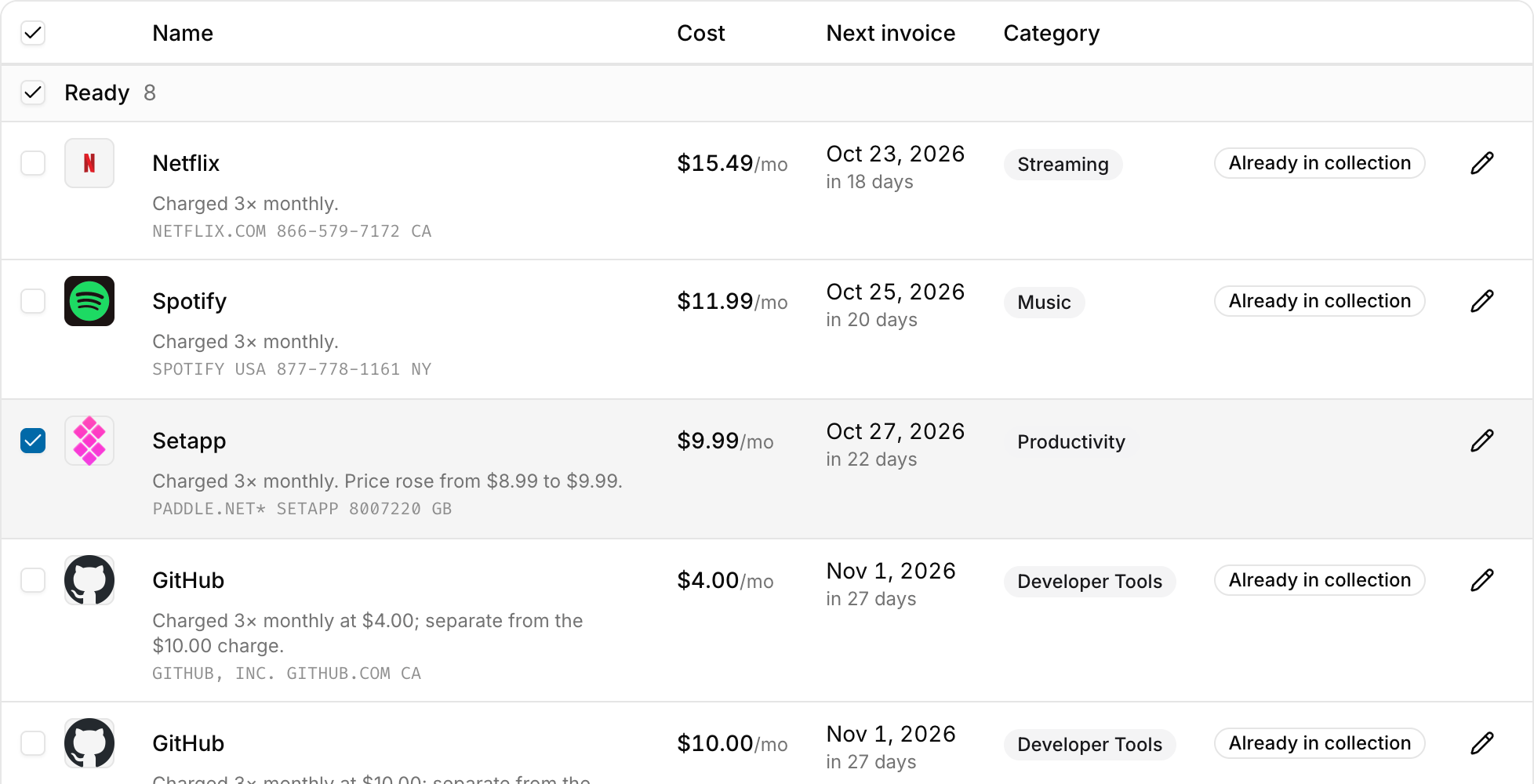 EverySub smart import review showing subscription candidates extracted from a sample statement.